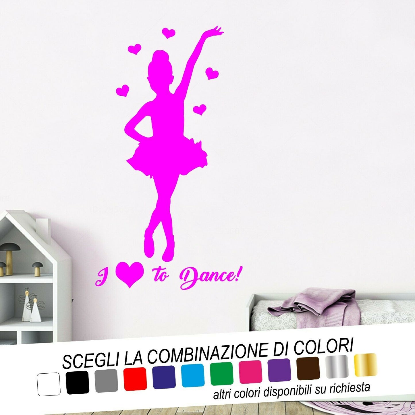 Adesivo Murale BALLERINA CUORI I LOVE TO DANCE - tarasartigrafiche