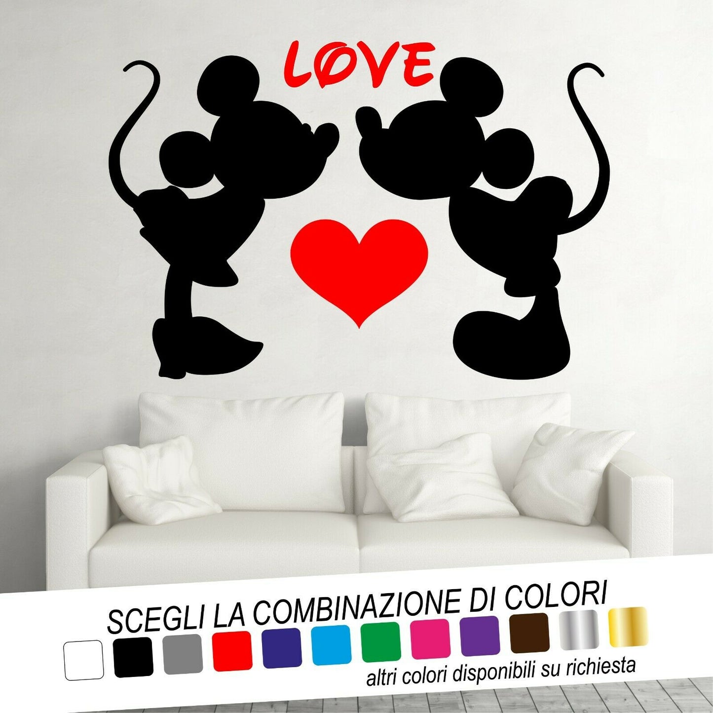 Adesivo Murale MINNIE E TOPOLINO BACIO CUORE LOVE - tarasartigrafiche