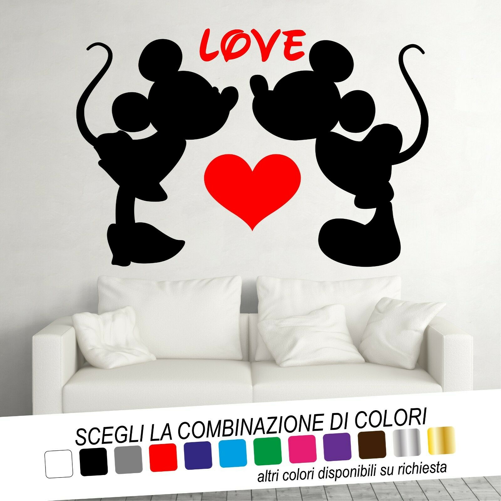 Adesivo Murale MINNIE E TOPOLINO BACIO CUORE LOVE - tarasartigrafiche