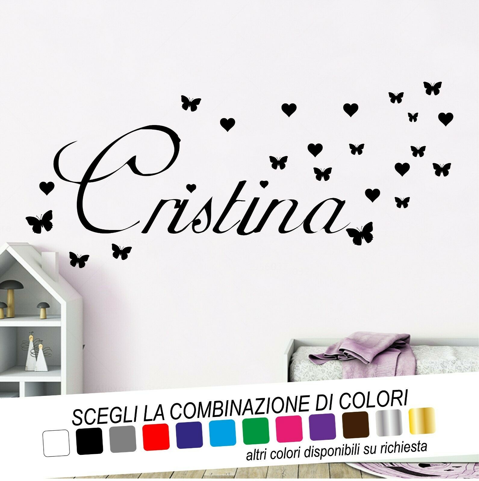 Adesivo Murale KIT NOME CUORI FARFALLE - tarasartigrafiche