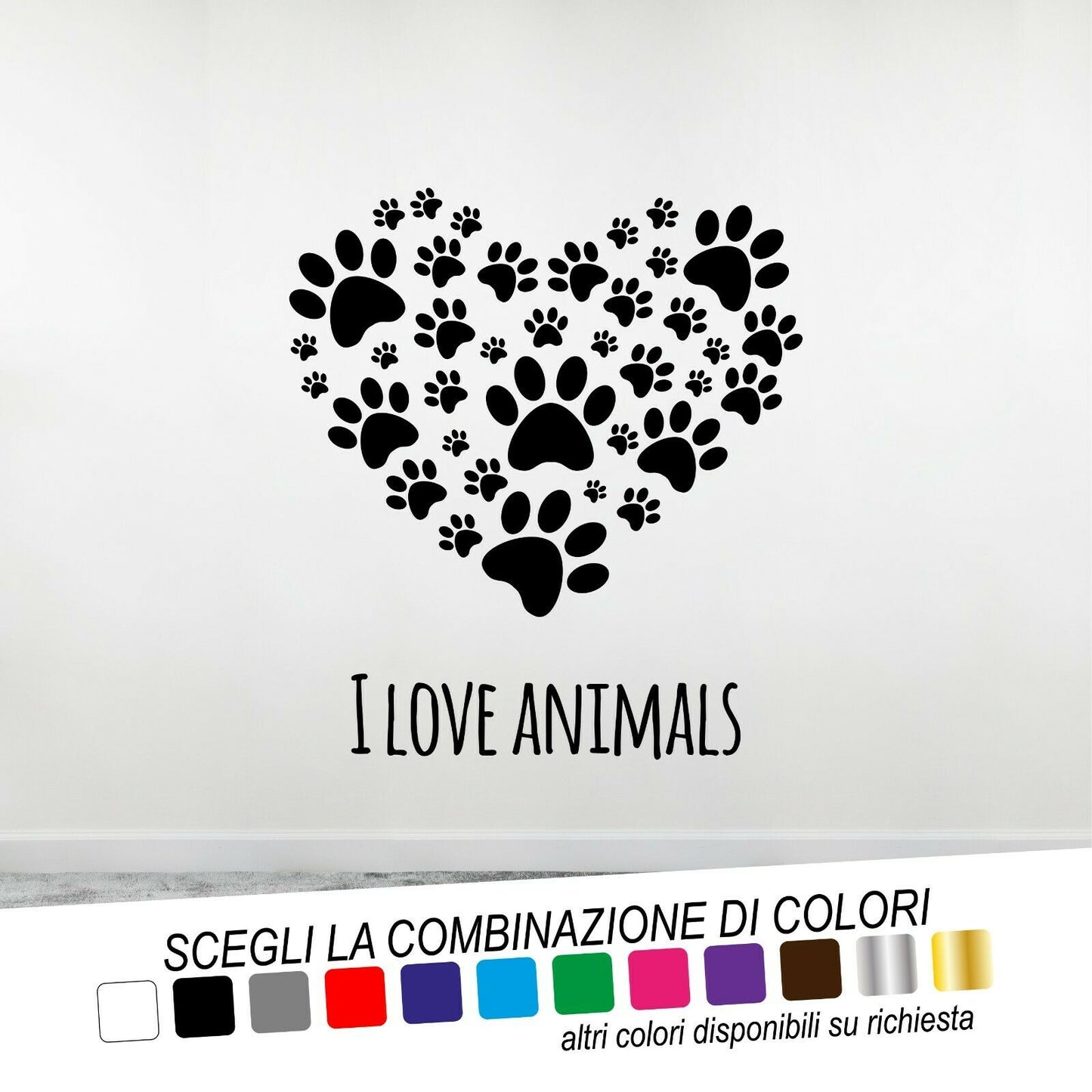 Adesivo Murale I LOVE ANIMALS CUORE ZAMPE - tarasartigrafiche